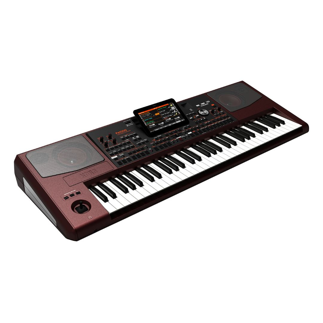 Angled view of Korg Pa1000 on white background