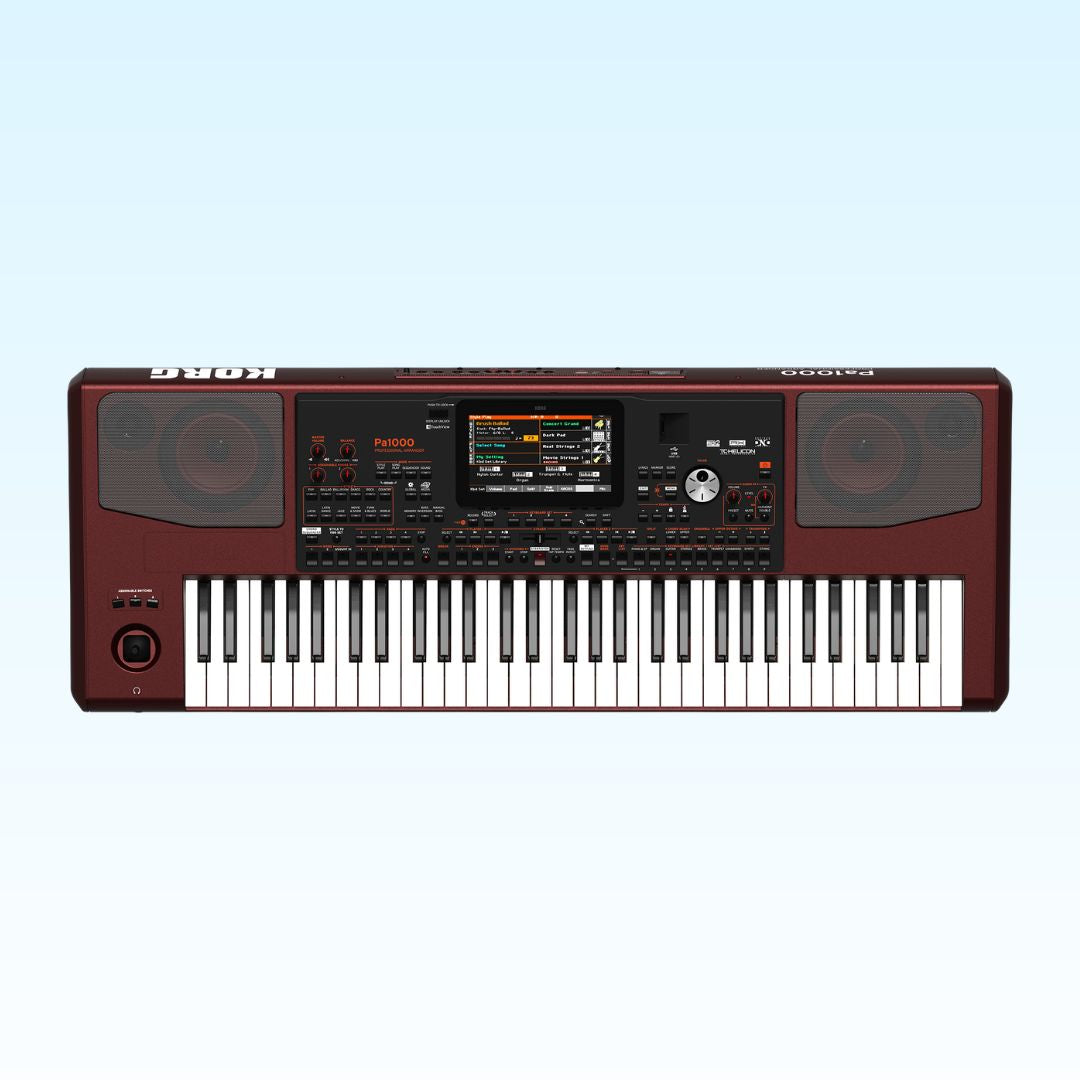 Top view of Korg Pa1000 on blue background
