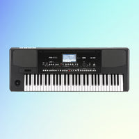 Top view of Korg Pa300 on blue background