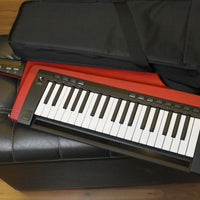 Front view of Korg RK-100S 2 Keytar with soft case beside it on black couch