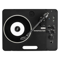 Top view of Korg handytraxx tube JICO Limited Edition with vinyl on white background