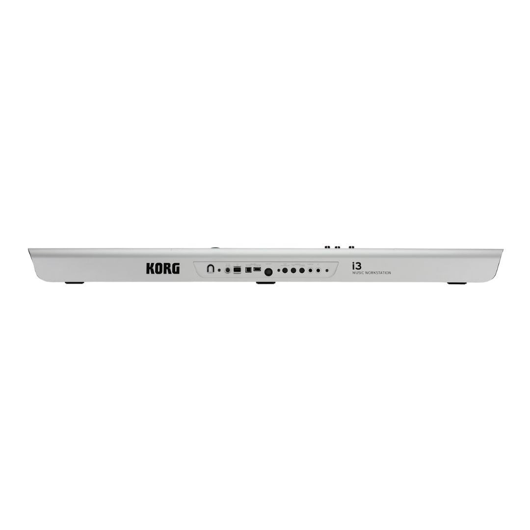 Rear view of Korg i3 Super Matte Silver on white background