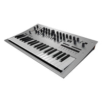Angled front view of Korg minilogue Polyphonic Analogue Synthesizer on white background