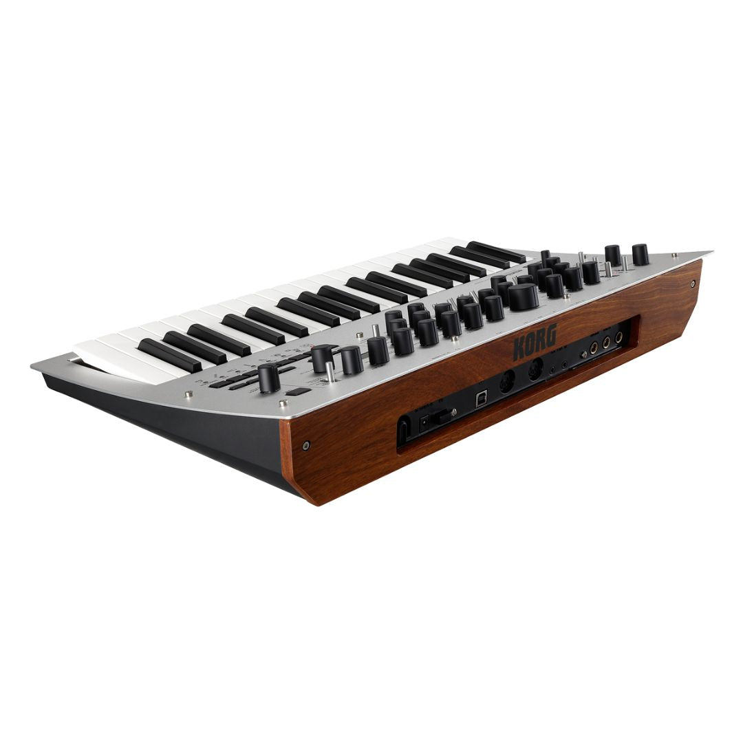 Angled rear view of Korg minilogue Polyphonic Analogue Synthesizer on white background