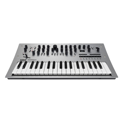 Front view of Korg minilogue Polyphonic Analogue Synthesizer on white background