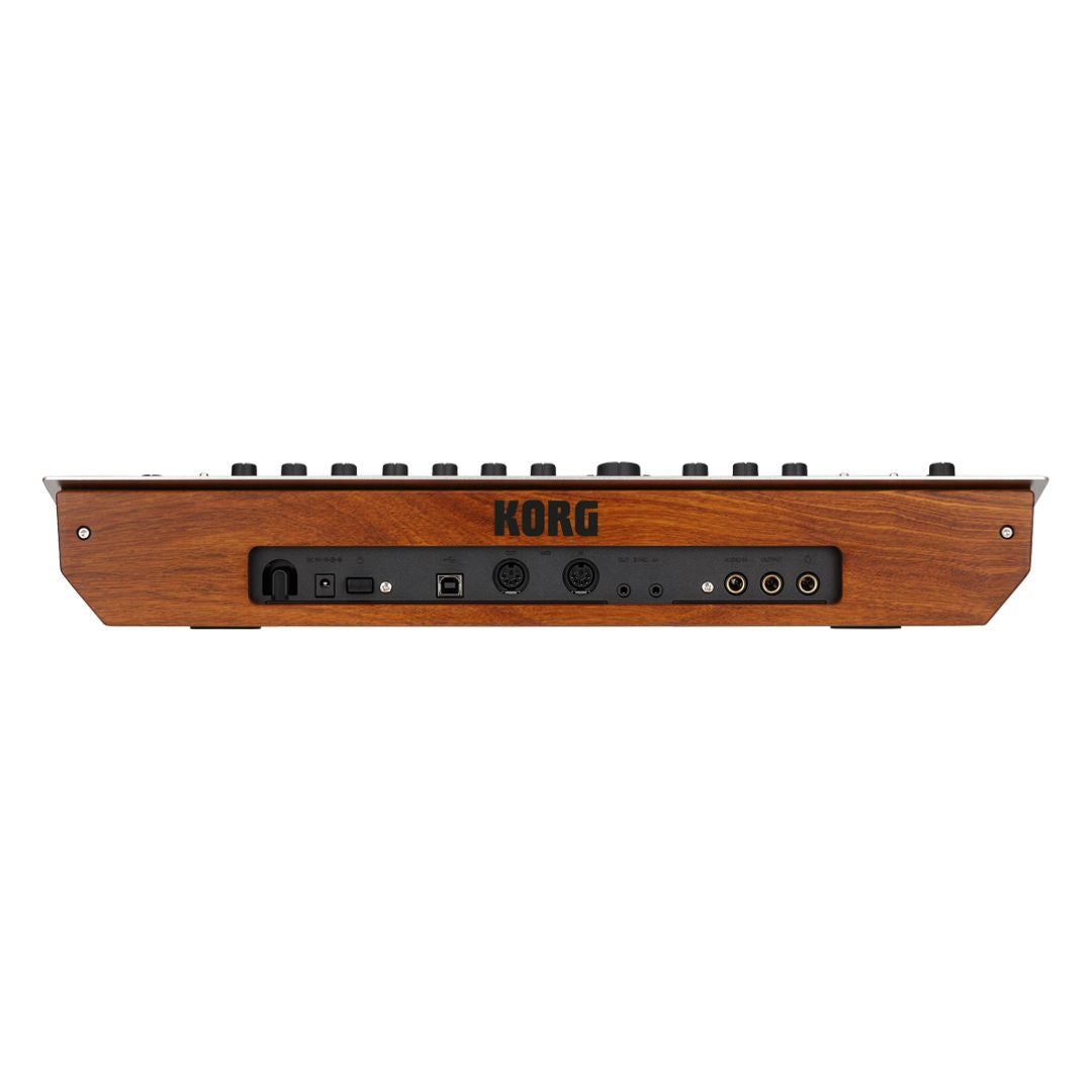 Rear view of Korg minilogue Polyphonic Analogue Synthesizer on white background