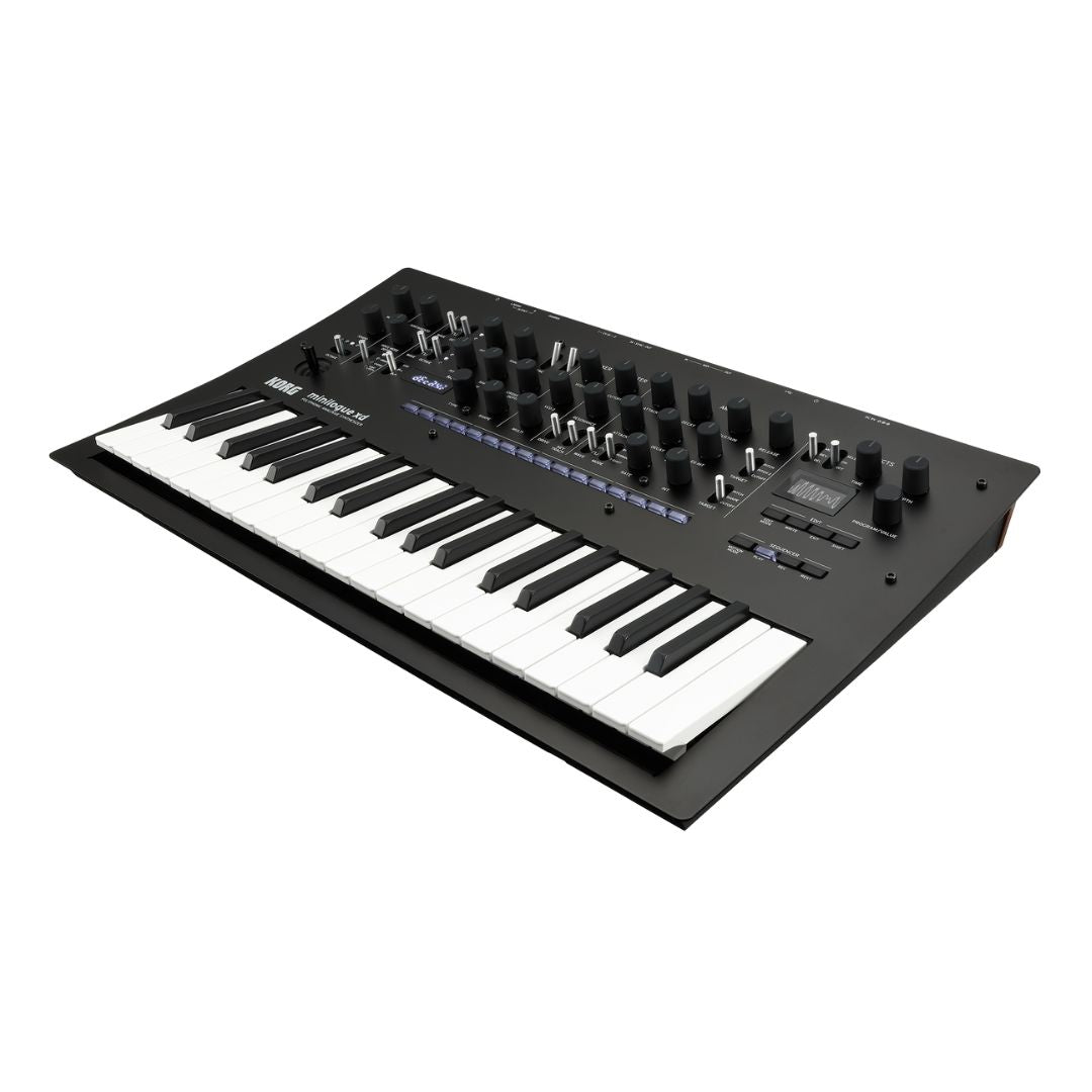 Angled front view of Korg minilogue xd Polyphonic Analogue Synthesizer on white background