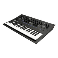 Angled front view of Korg minilogue xd Polyphonic Analogue Synthesizer on white background