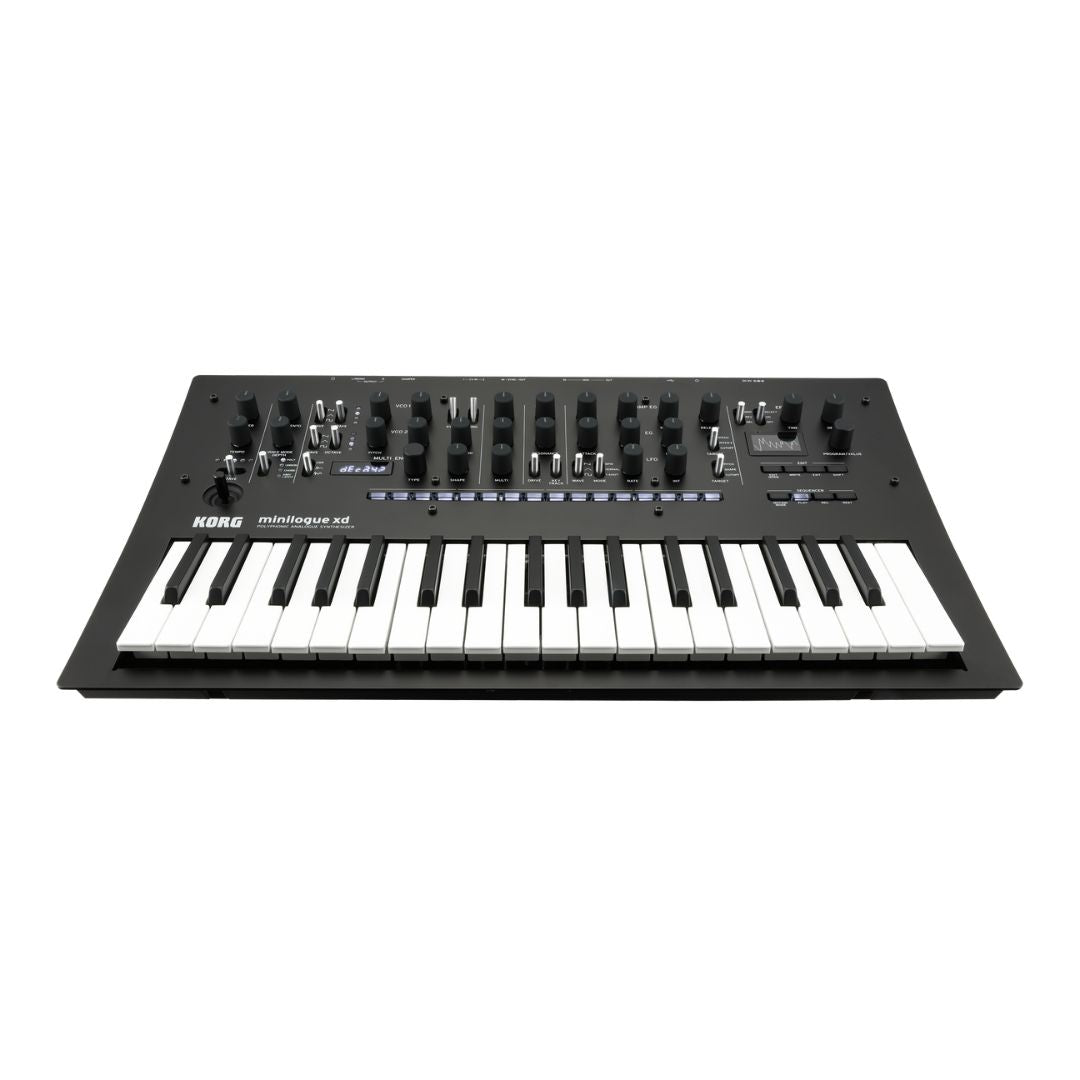 Front view of Korg minilogue xd Polyphonic Analogue Synthesizer on white background