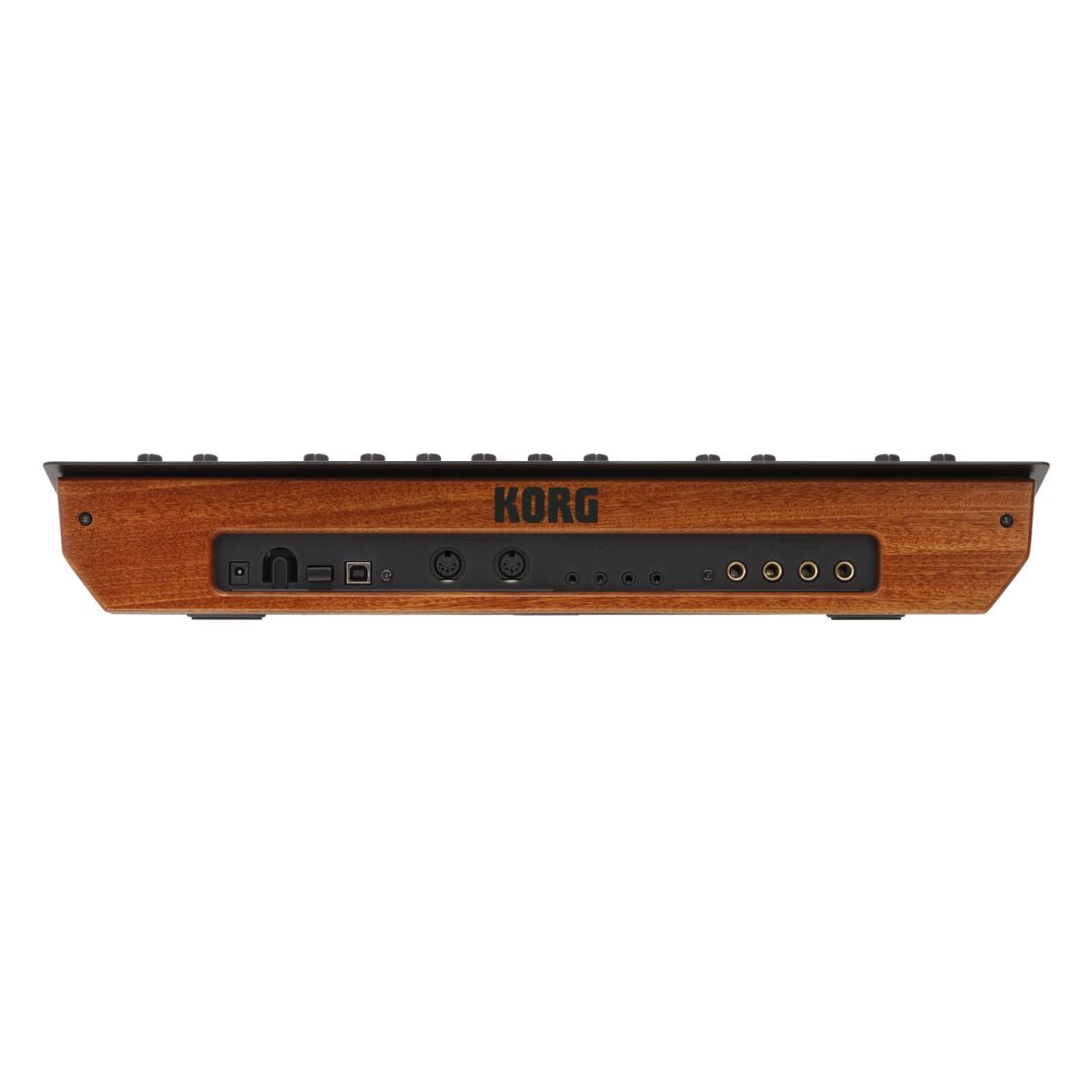 Rear view of Korg minilogue xd Polyphonic Analogue Synthesizer on white background