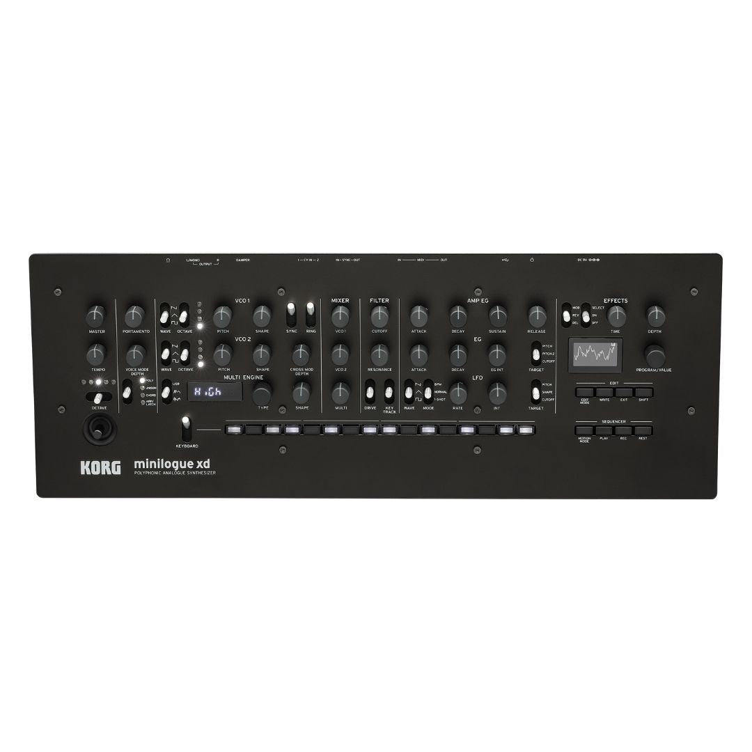 Top view of Korg minilogue xd module Polyphonic Analogue Synthesizer on white background
