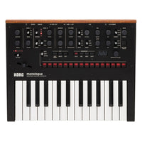 Top view of Korg monologue Monophonic Analogue Synthesizer Black on white background