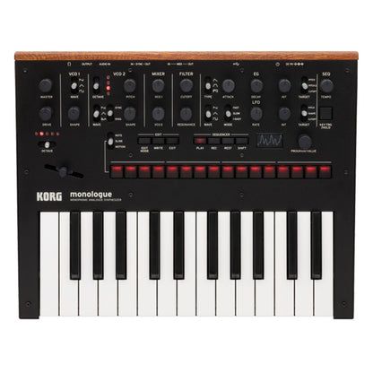 Top view of Korg monologue Monophonic Analogue Synthesizer Black on white background