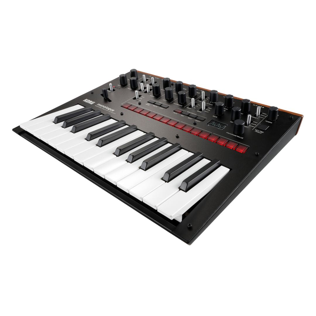 Angled front view of Korg monologue Monophonic Analogue Synthesizer Black on white background