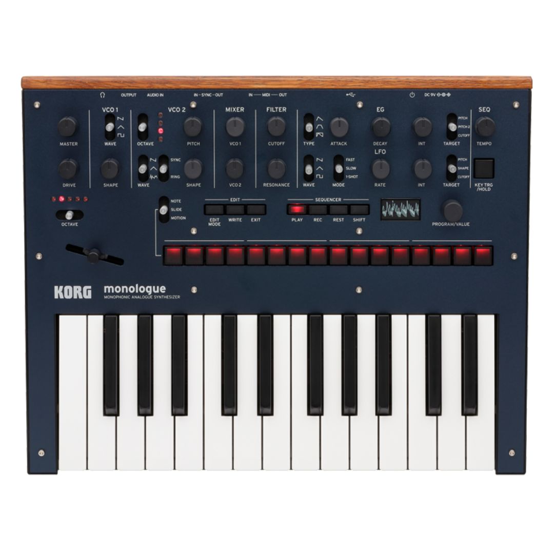 Top view of Korg monologue Monophonic Analogue Synthesizer Blue on white background