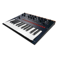 Angled front view of Korg monologue Monophonic Analogue Synthesizer Blue on white background