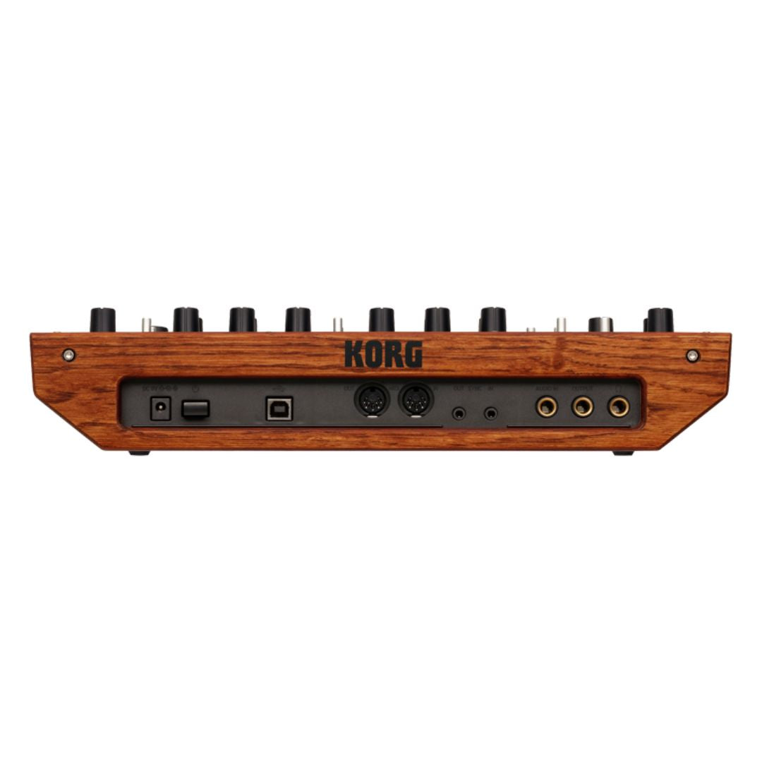 Rear view of Korg monologue Monophonic Analogue Synthesizer on white background