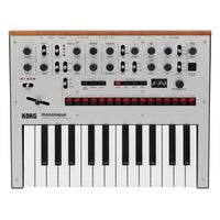 Top view of Korg monologue Monophonic Analogue Synthesizer Silver on white background