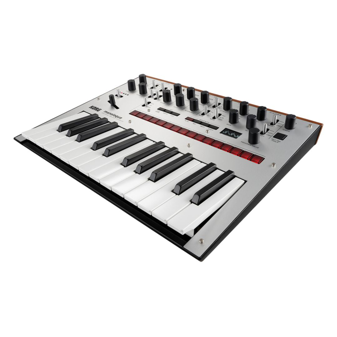 Angled front view of Korg monologue Monophonic Analogue Synthesizer Silver on white background