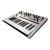 Angled front view of Korg monologue Monophonic Analogue Synthesizer Silver on white background