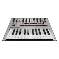 Front view of Korg monologue Monophonic Analogue Synthesizer Silver on white background