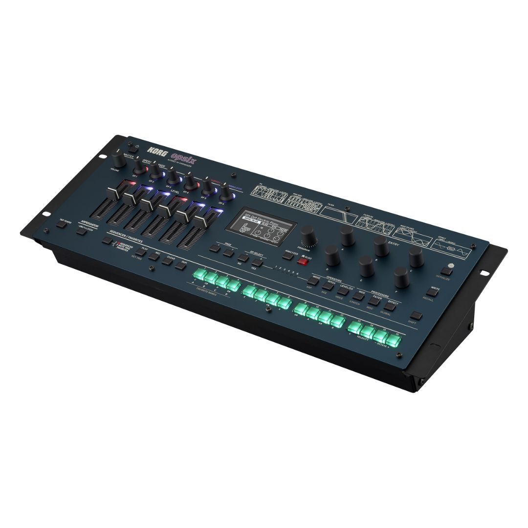 Angled front view of Korg opsix module on white background