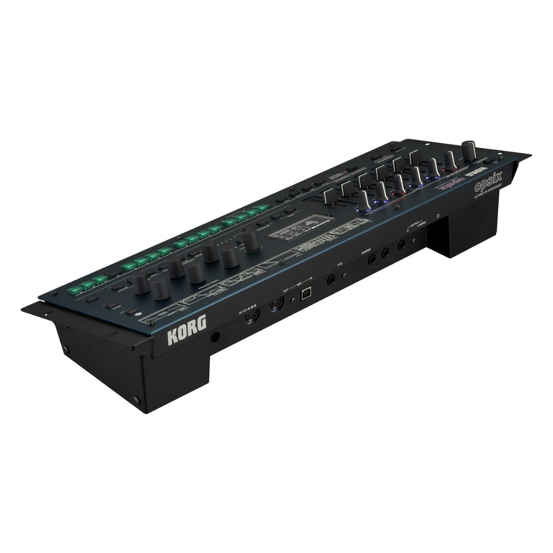 Angled rear view of Korg opsix module on white background