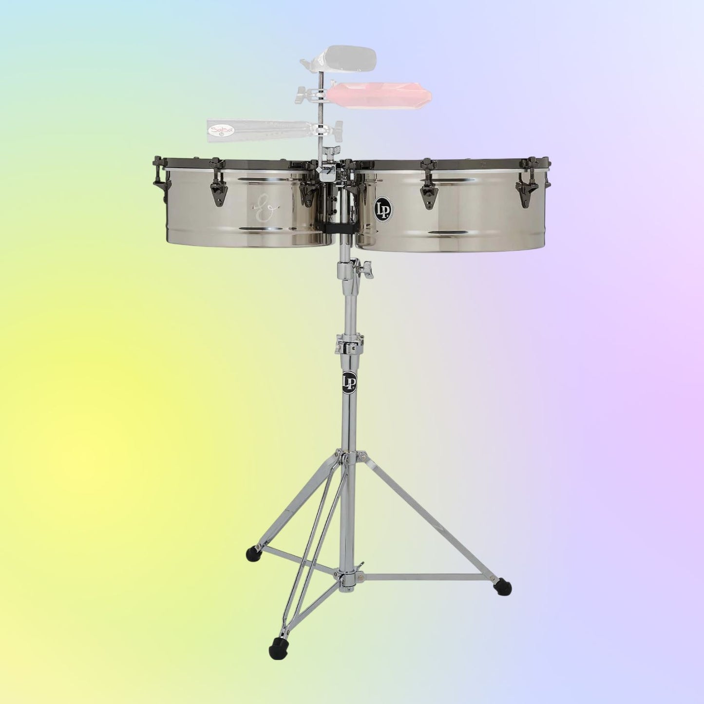 Front view of LP E-Class 14″ & 15″ Timbales on multicolored background