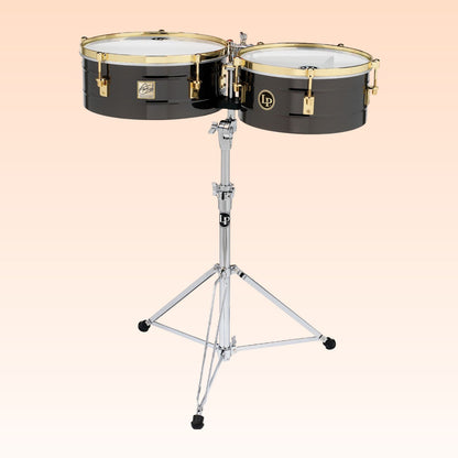 Front view of LP Fausto Cuevas 14″ & 16″ Timbales on orange background