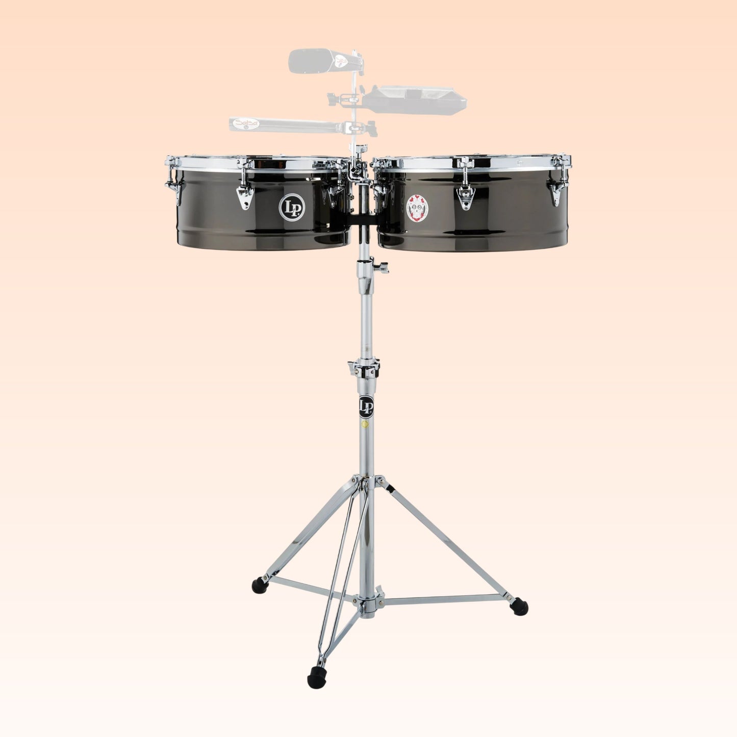 Front view of LP Karl Perazzo 14″ & 15″ Timbales on orange background