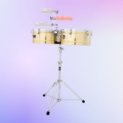 Front view of LP Prestige 13″ & 14″ Timbales on purple gradient background