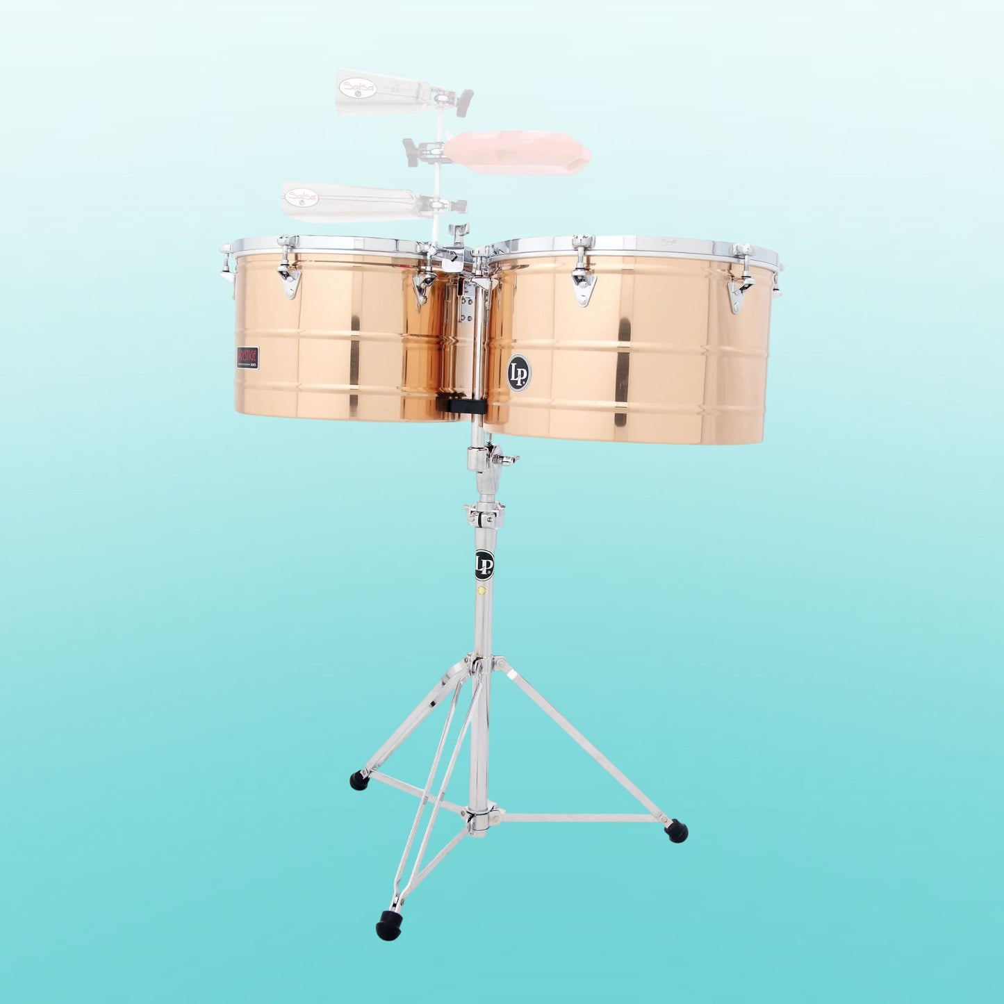 Front view of LP Prestige 15″ & 16″ Thunder Timbales Bronze on turquoise blue background