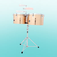 Front view of LP Prestige 15″ & 16″ Thunder Timbales Bronze on turquoise blue background