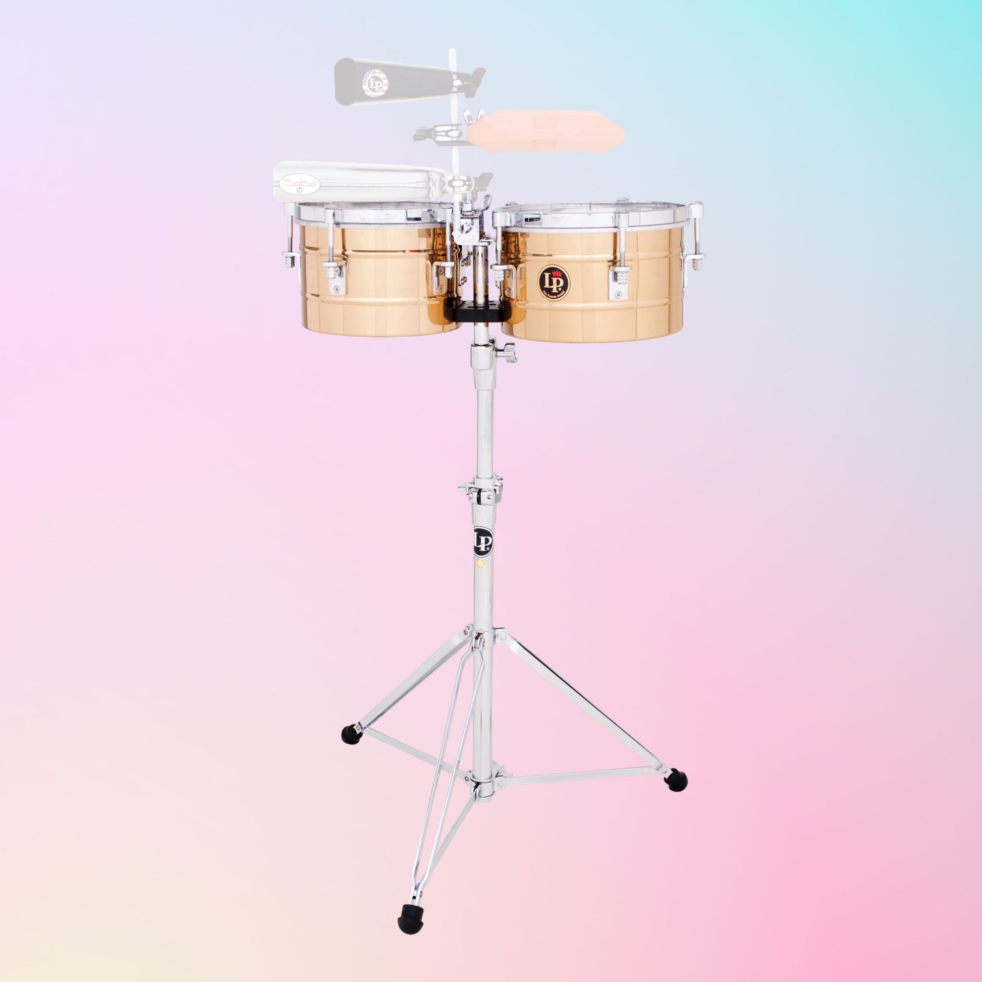 Front view of LP Tito 9-1/4″ & 10-1/4″ Timbalitos on multicolored background