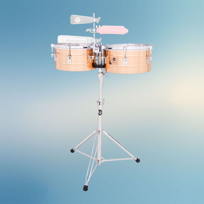 Front view of LP Tito Puente 12″ & 13″ Timbales on blue background