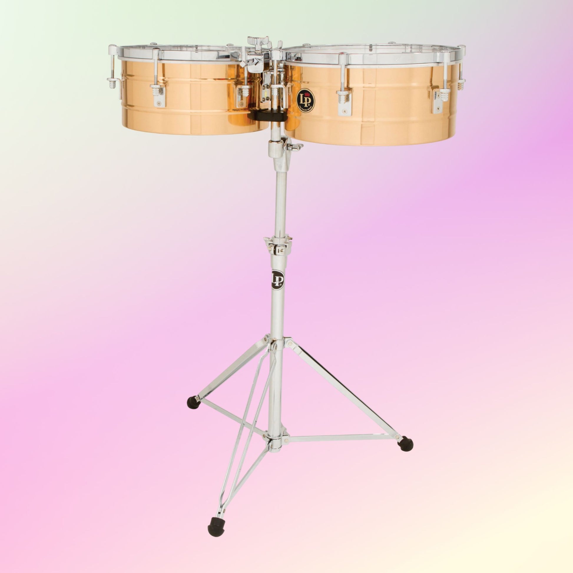 Front view of LP Tito Puente 14″ & 15″ Timbales Bronze on pink background