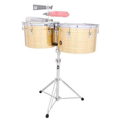Front view of LP Tito Puente 15″ & 16″ Timbales Brass on white background