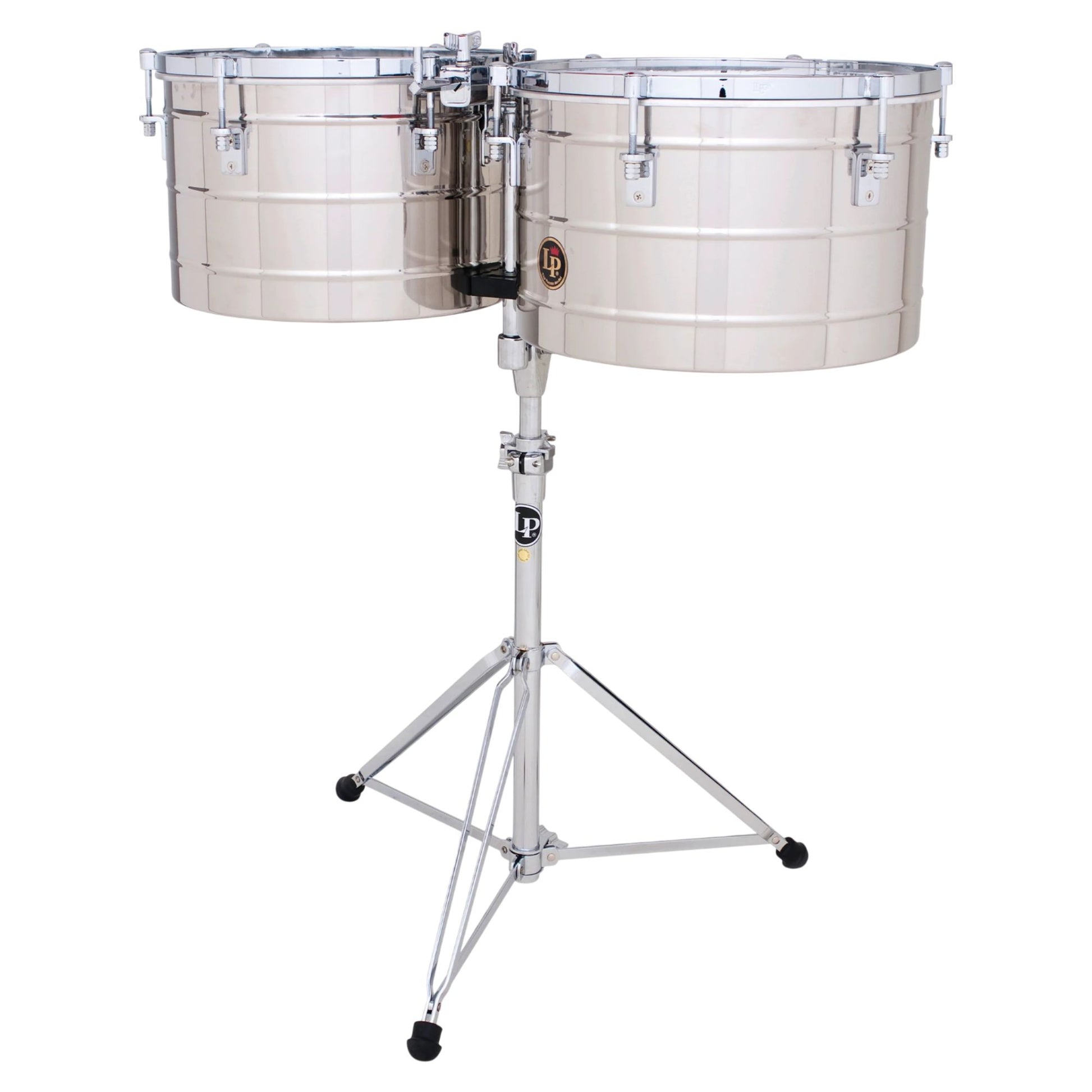 Front view of LP Tito Puente 15″ & 16″ Timbales Stainless Steel on white background