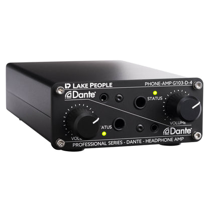 Angled view of Lake People G103D4 Dante Headphone Amplifier on white background