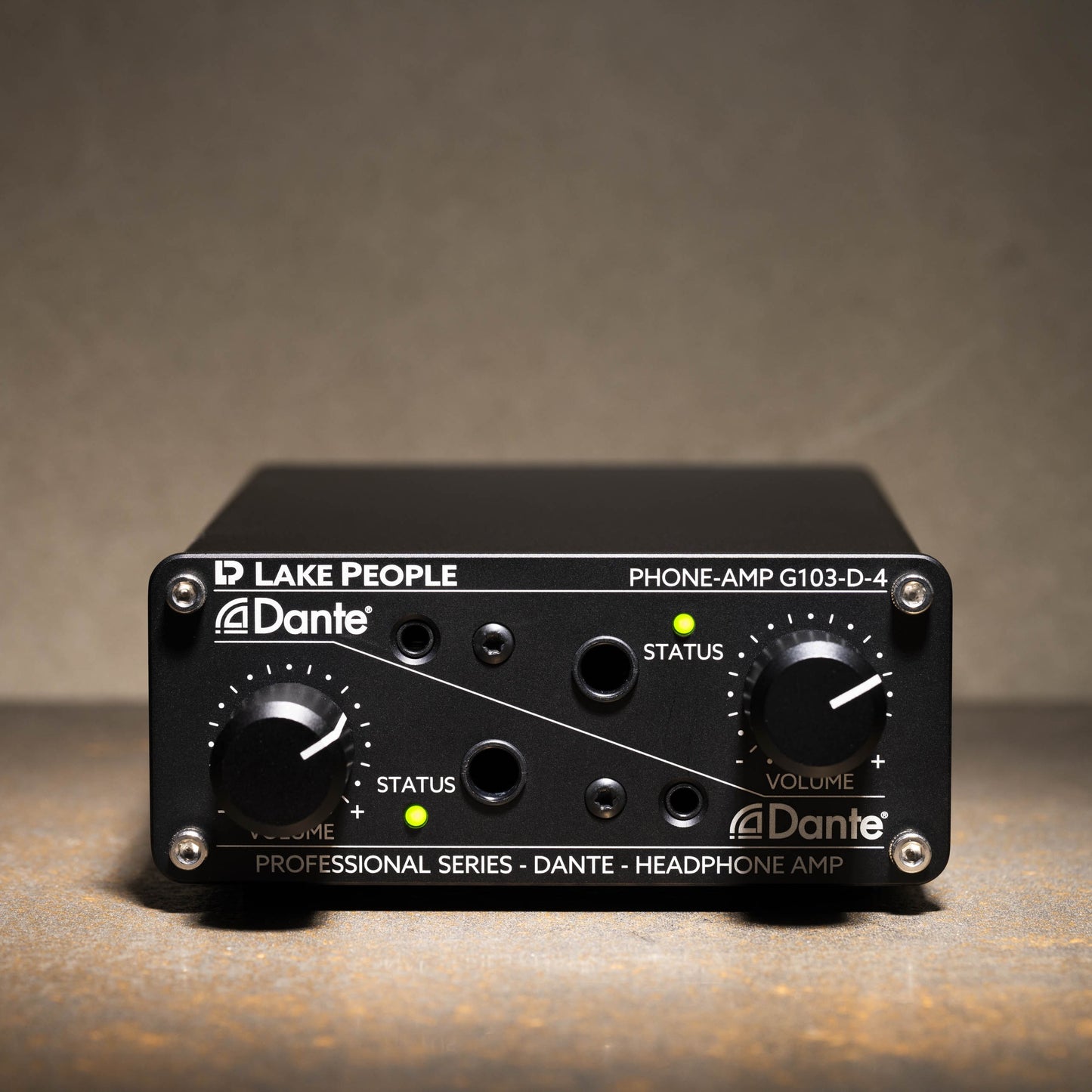 Front view of Lake People G103D4 Dante Headphone Amplifier on beige concrete surface