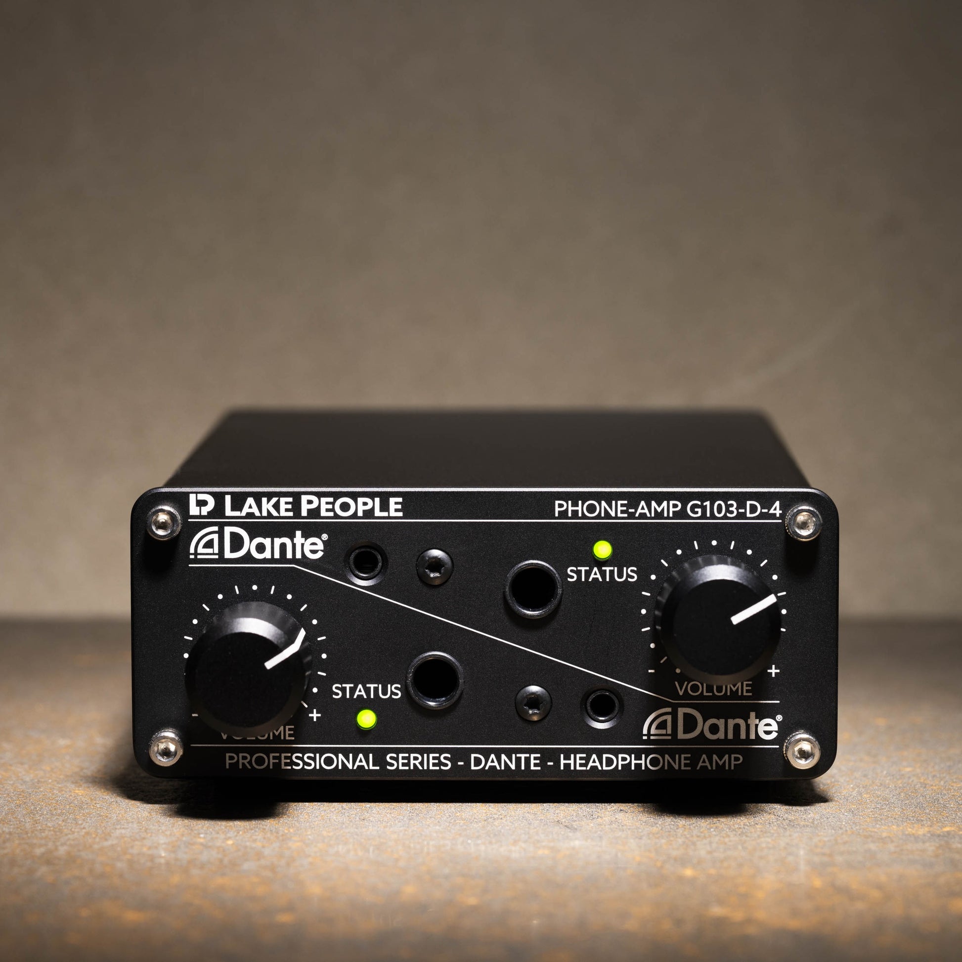 Front view of Lake People G103D4 Dante Headphone Amplifier on beige concrete surface