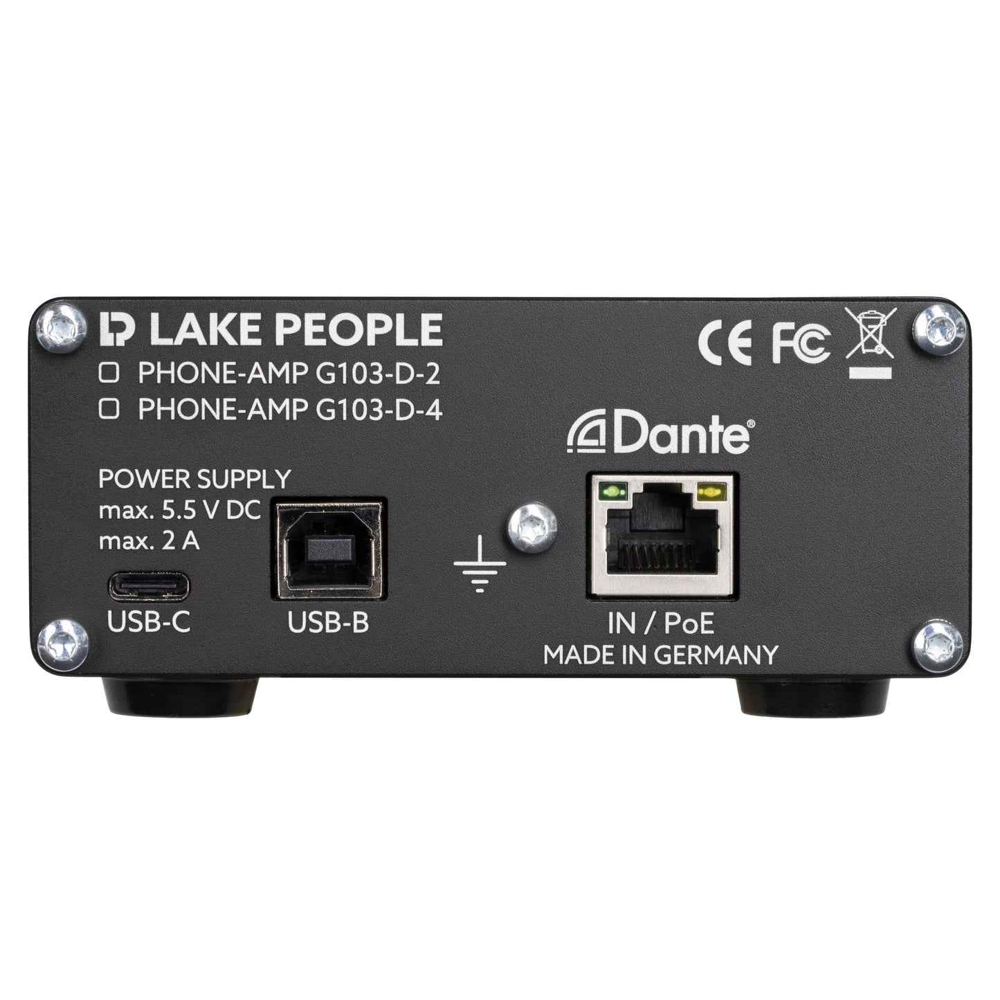 Rear ports view of Lake People G103D4 Dante Headphone Amplifier on white background