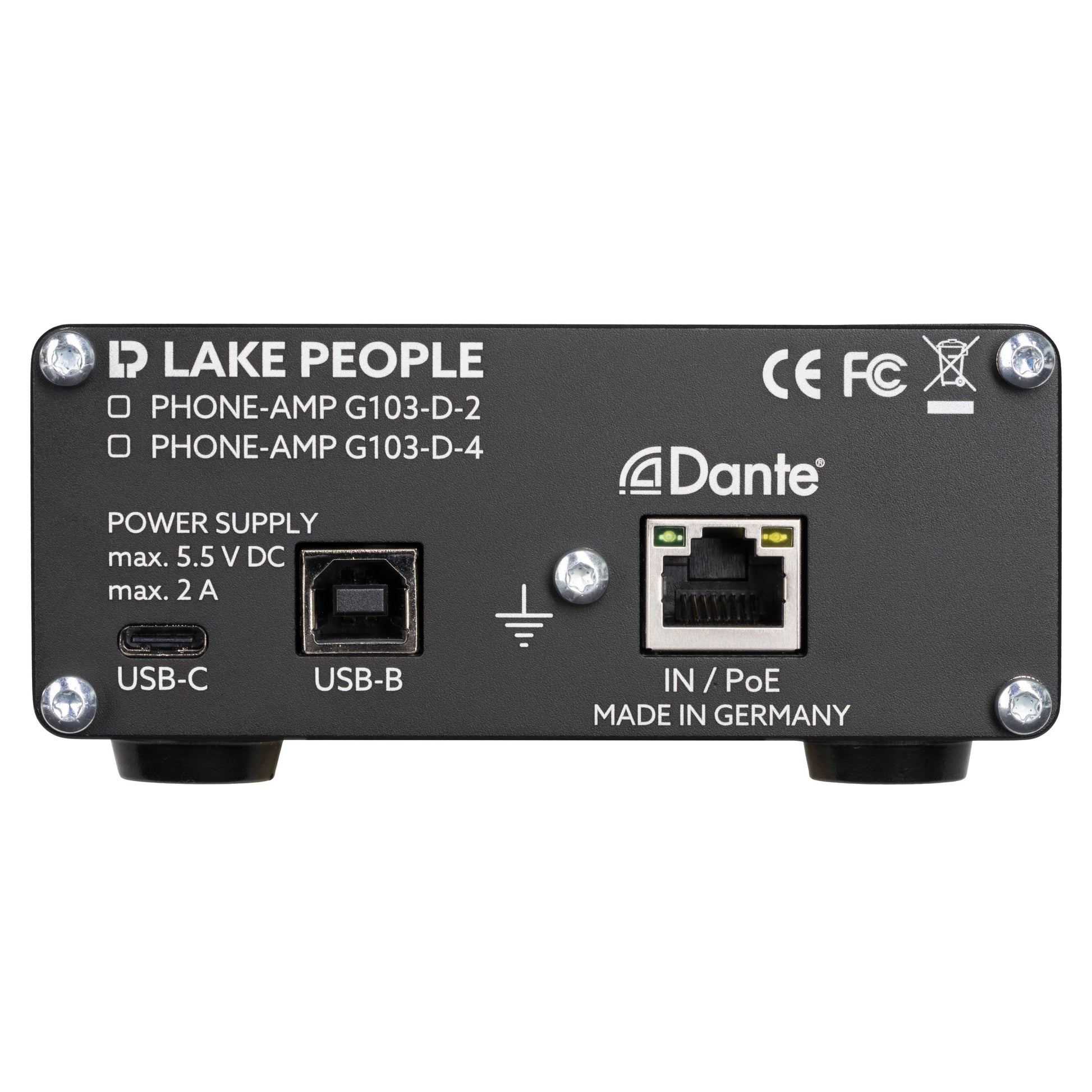 Rear ports view of Lake People G103D4 Dante Headphone Amplifier on white background