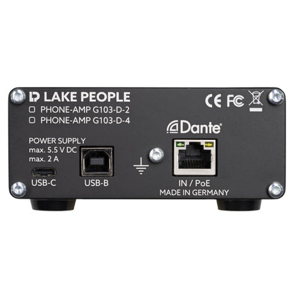 Rear ports view of Lake People G103D4 Dante Headphone Amplifier on white background