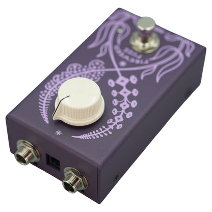 Angled top ports view of MMK Electrics Fireweed Fuzz Pedal on white background