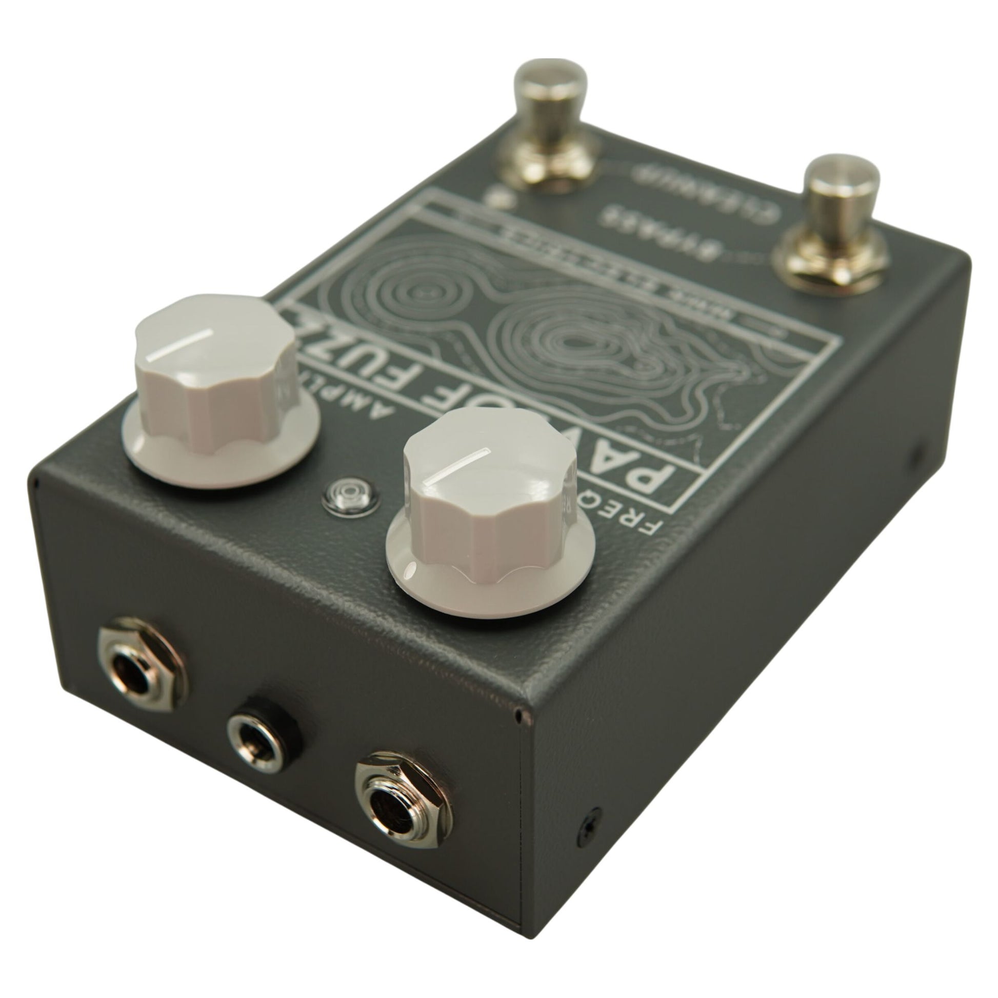 Angled top ports view of MMK Electrics Pavlof Fuzz Pedal on white background