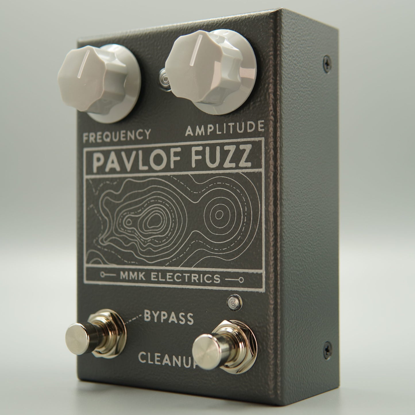 Angled front view of MMK Electrics Pavlof Fuzz Pedal on grey background