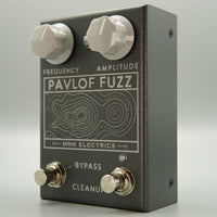 Angled front view of MMK Electrics Pavlof Fuzz Pedal on grey background