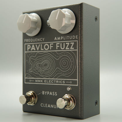Angled front view of MMK Electrics Pavlof Fuzz Pedal on grey background