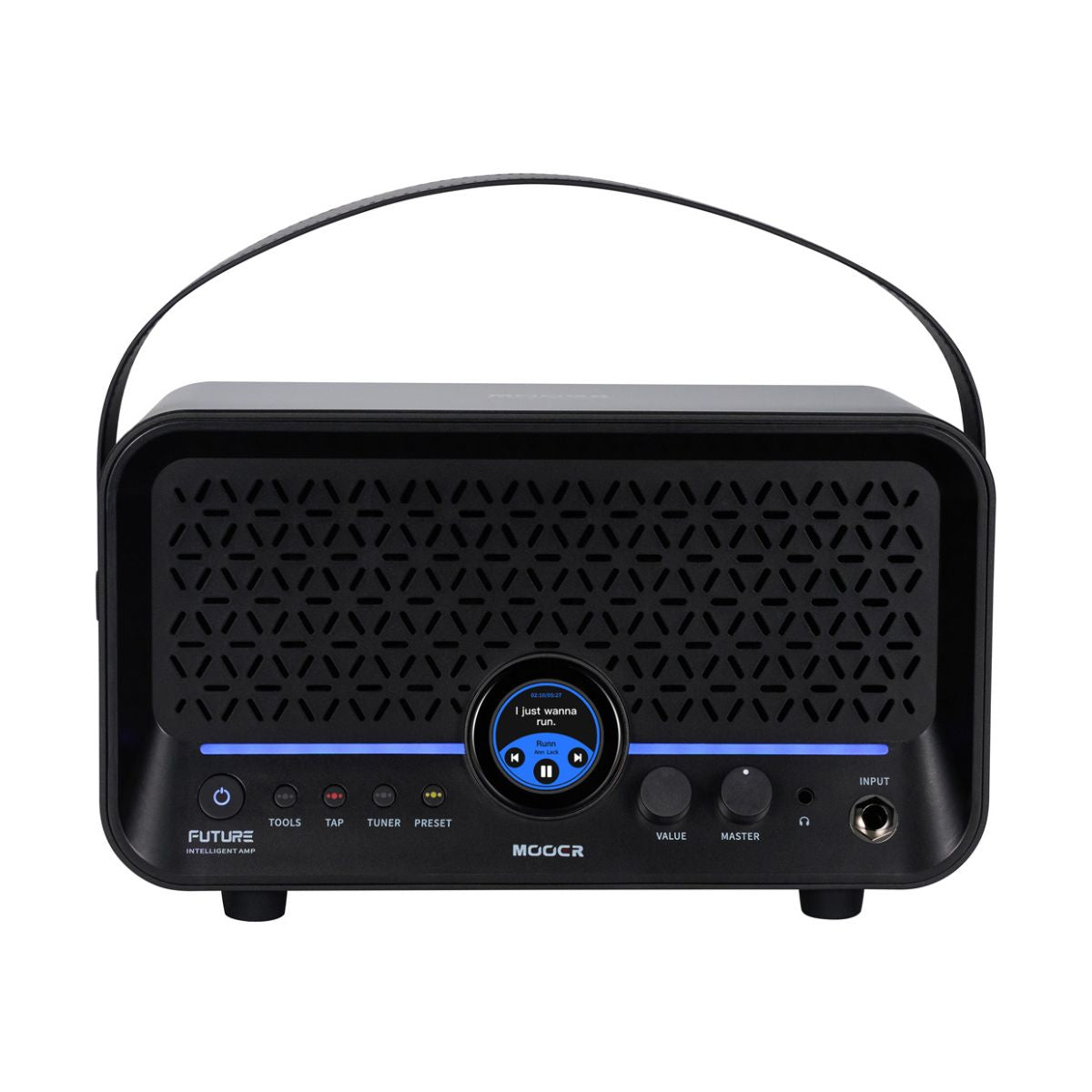 Front view of MOOER F15i Li Black with strap on white background